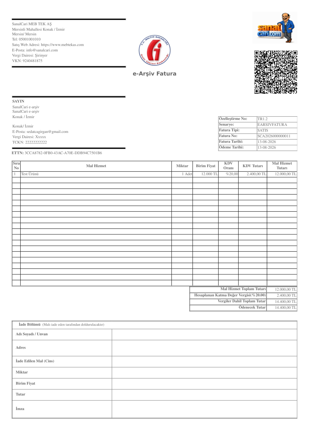 e-Arşiv internet satışı örneği