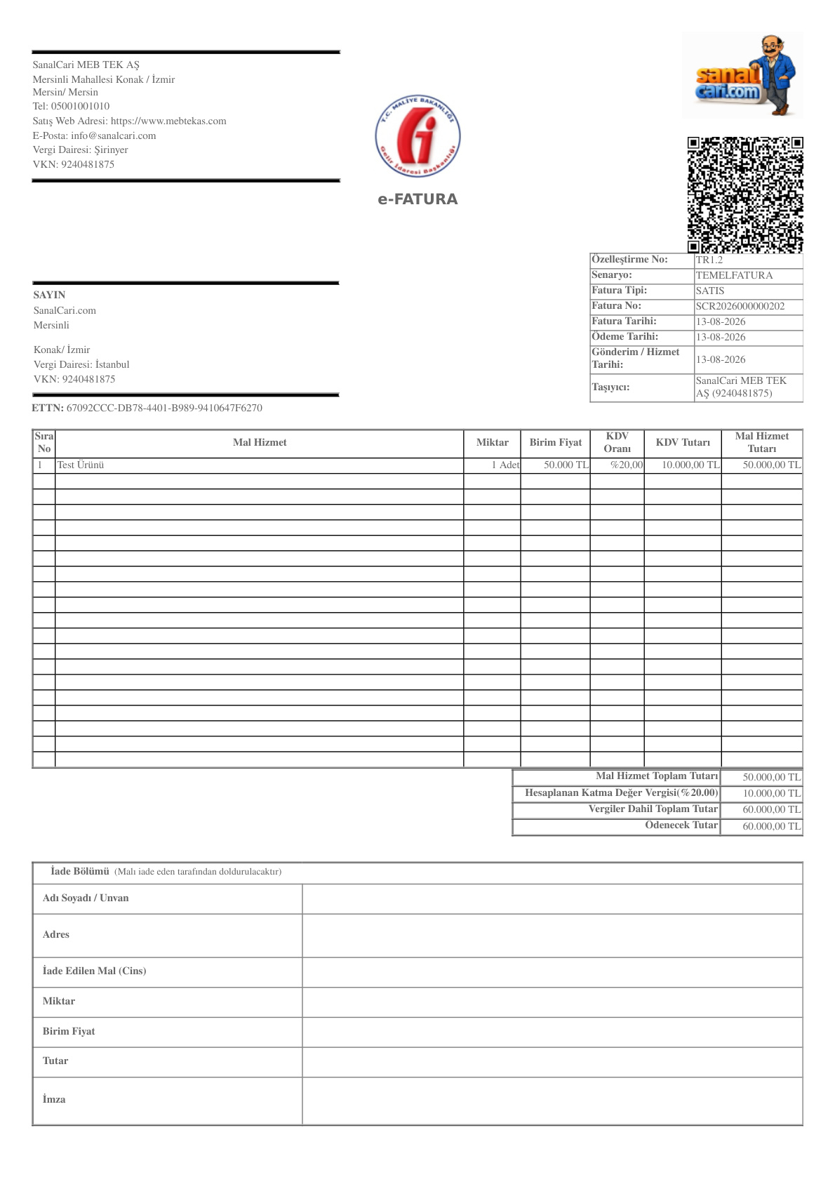 e-Fatura (B2B) internet satışı örneği