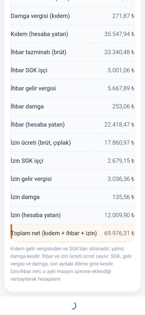Kıdem, ihbar ve izin dökümü