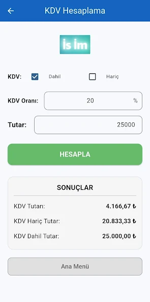 KDV hesaplama ekranı