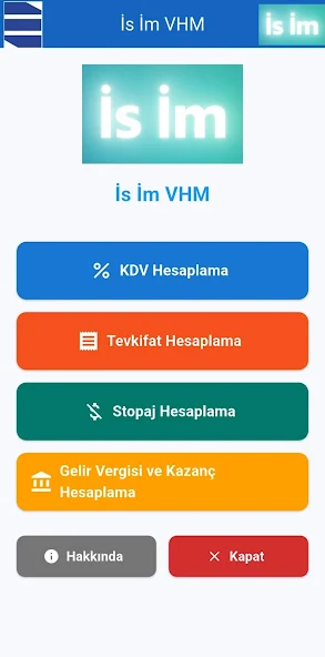 İs İm VHM ana menü — KDV, tevkifat, stopaj, gelir vergisi