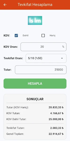 Tevkifat hesaplama ekranı